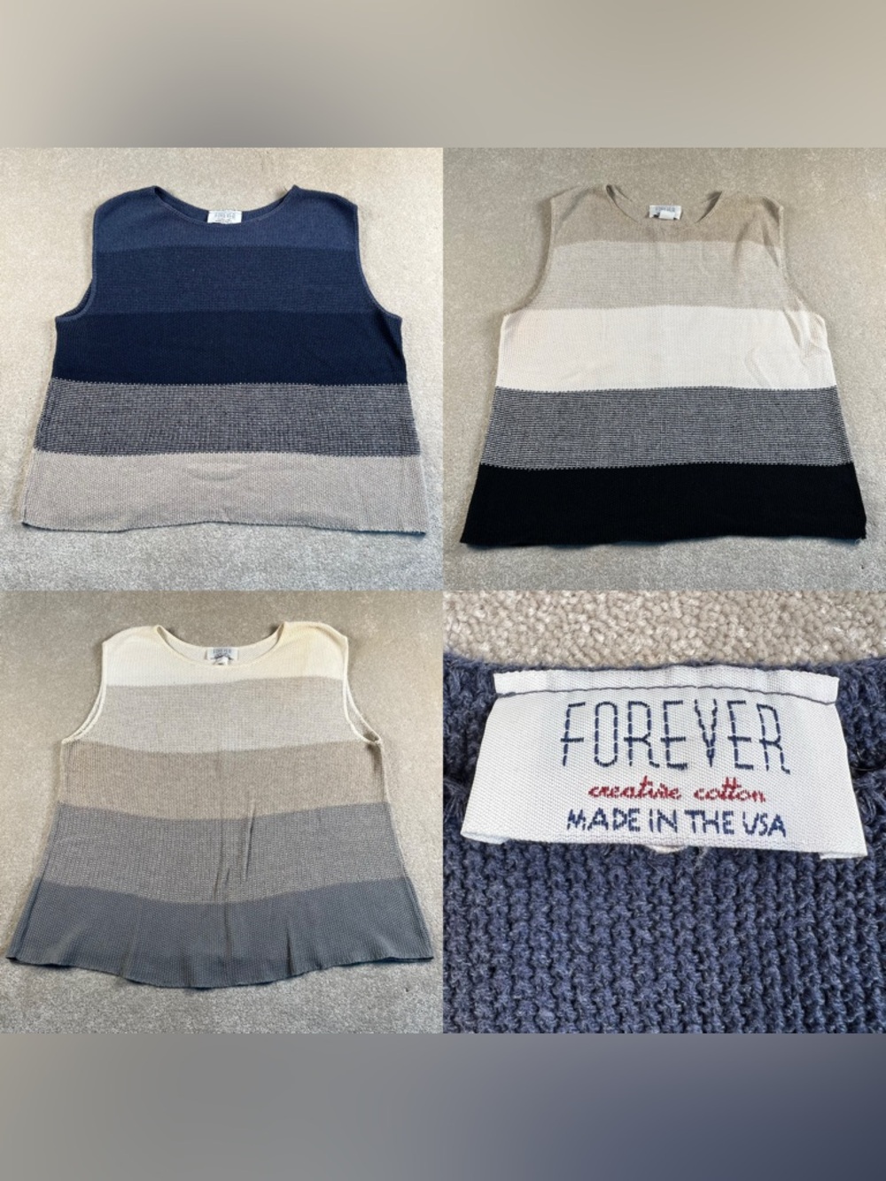 Knit Tank Tops Striped 3 Tops Sleeveless Cotton Made in USA Women's XLarge